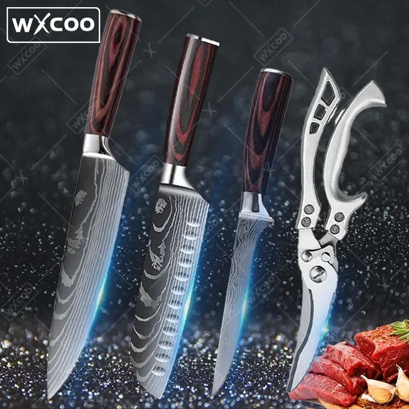 

4 Pcs,High Carbon Stainless Steel Damascus Drawing Gyuto Cleaver Set,Kitchen Chef Knife Set Slicer Boning Knife Kitchen Scissors