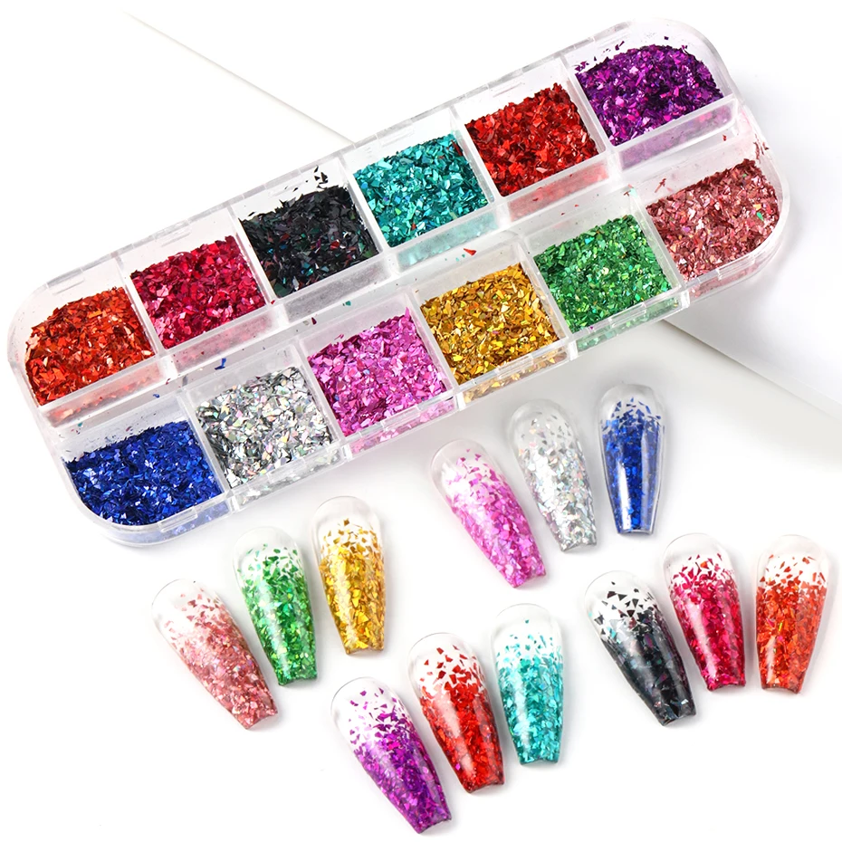 12 Grids Irregular Flakes Nail Sequins Glitter Holographic Silver Gold Nail Art Sequins Flakes Broken Foils Decorations Manicure view 6