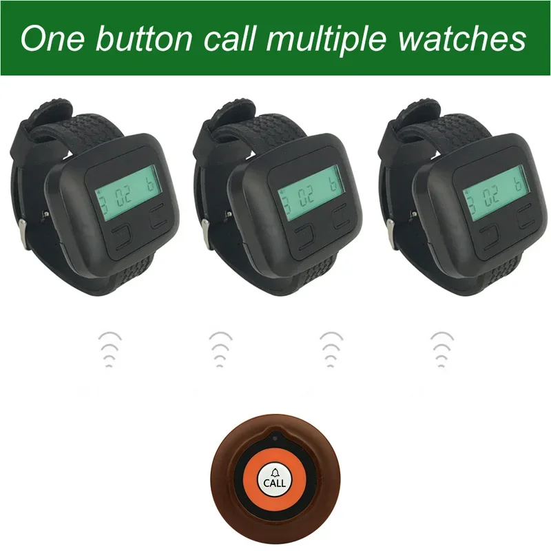 QWICALL 433MHz Wireless Calling System With Long Distance 2 Call Bells 2 Watch Pager Receiver For Restaurant, Cafe, Bar