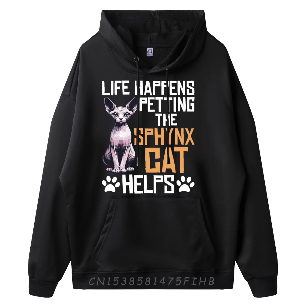 Life Happens Petting The Sphynx Cat Graphic Pullover Hoodies Polyester Fiber Long Sleeve Sweater Japan Style