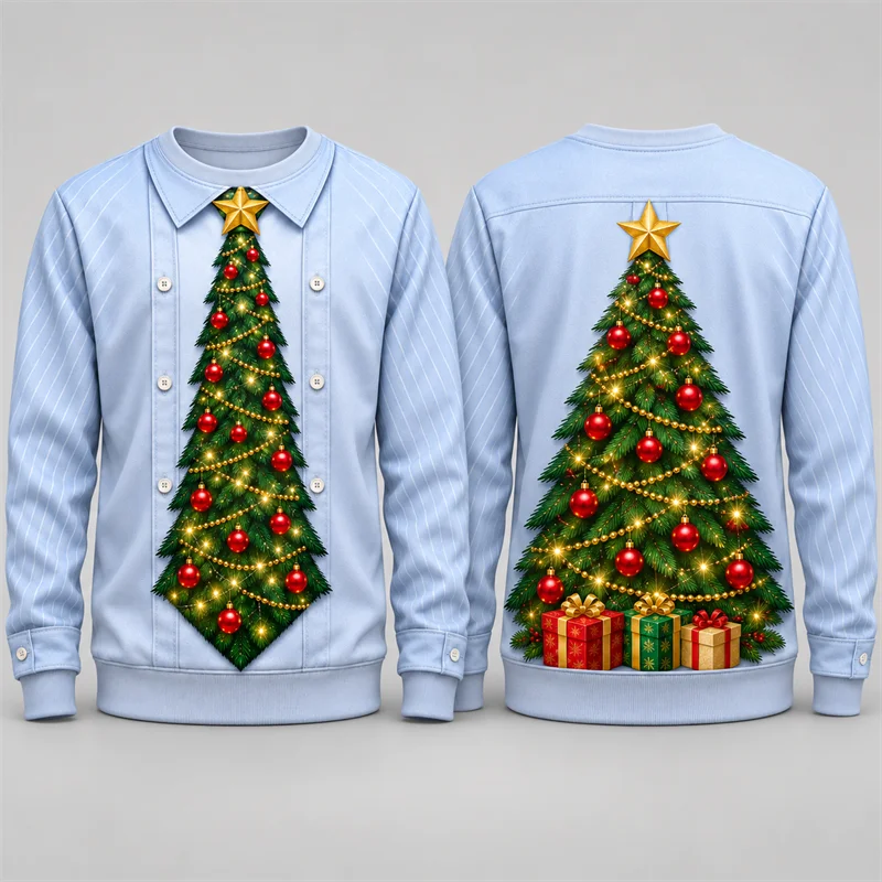 Christmas Ugly Sweater Men Tuxedo Santa Elf Reindeer Tree Plaid Jacket Print Crewneck Long Sleeve Holiday Party Pullover