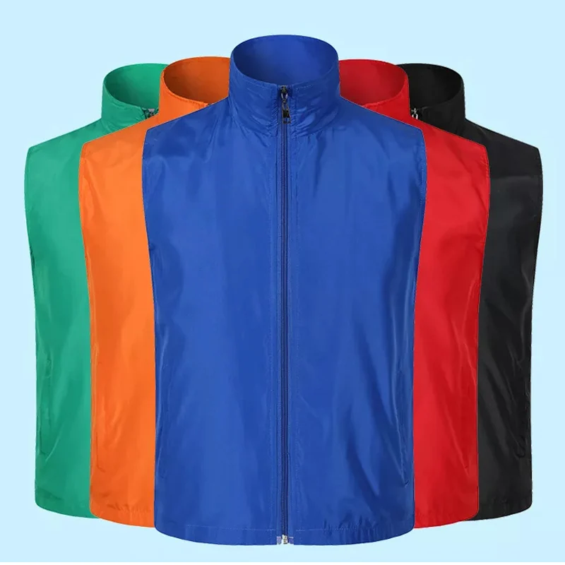 100% Poliester Logo Kustom Ritsleting Kargo Rompi Memancing Gunung Pria Relawan Rompi Kelompok Seragam Bernapas Mantel Tahan Angin