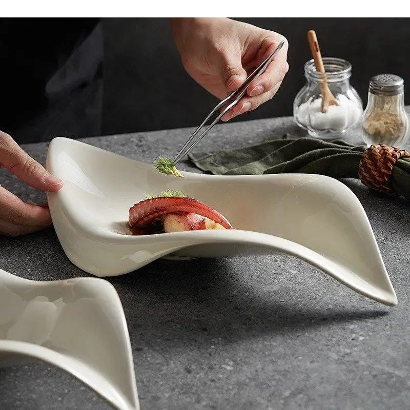 Ceramic Dinner Plate Restaurant Irregular Serving Salad Snack Dish Dessert Sashimi Plates Solid Color Tableware