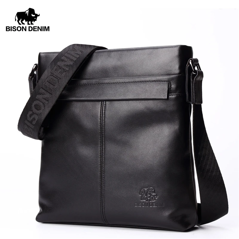 BISON DENIM-Bolso de hombro de piel auténtica para hombre, bandolera de piel de vaca de 10,5 pulgadas con Ipad, informal, para trabajo y negocios