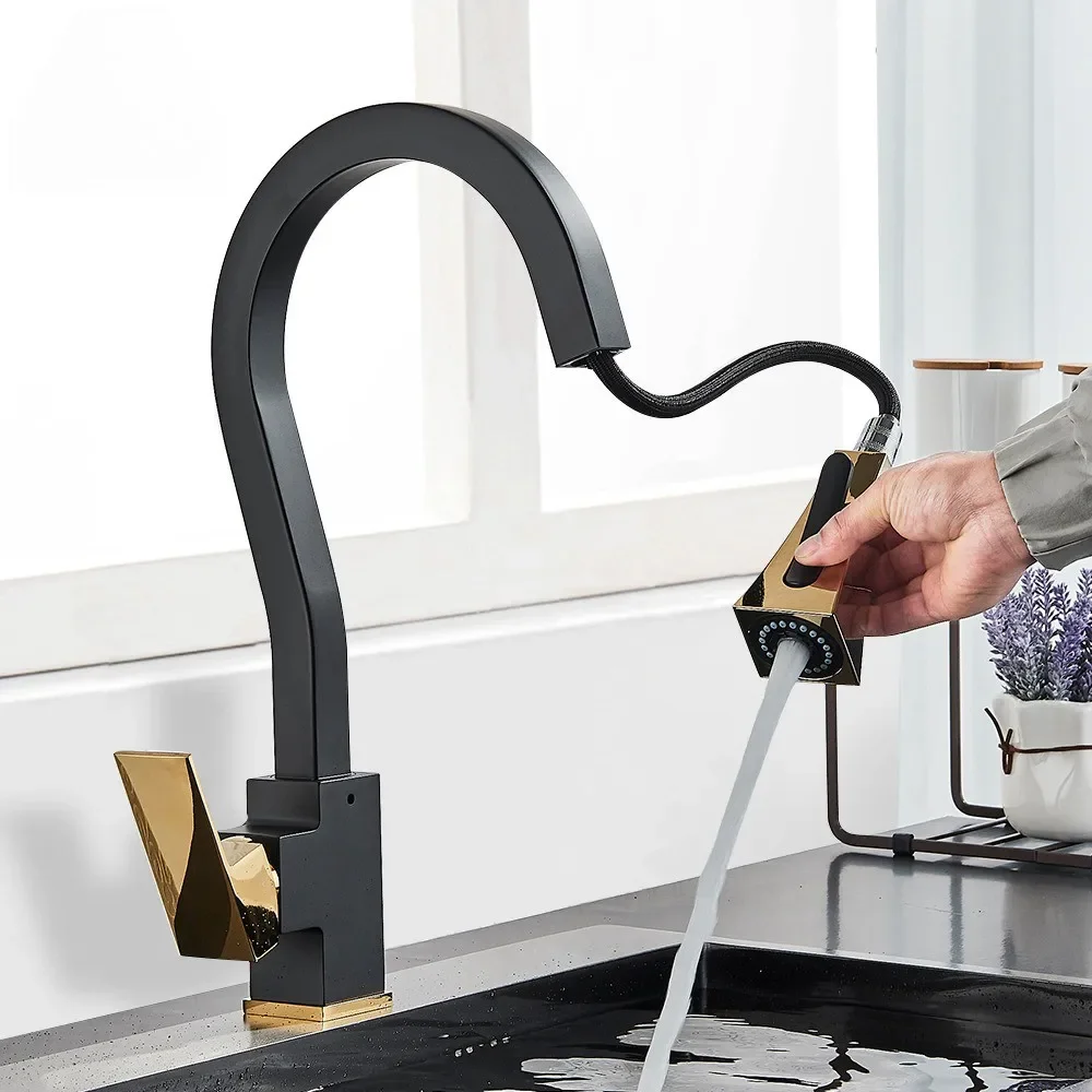 

Black Gold Gourmet Kitchen Faucet with Flexible Pull Down Sprayer Extendable Removable Faucets For Sink Mixer Tap