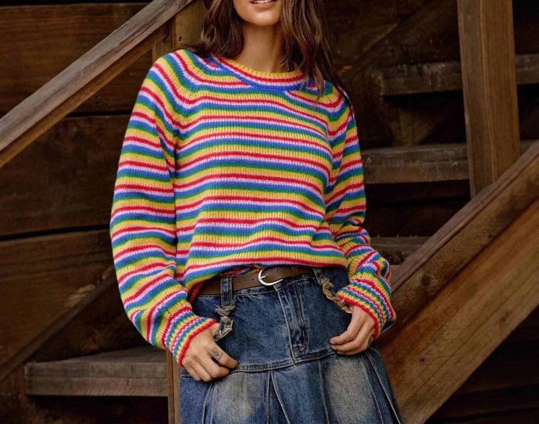 

2025 New Product Rainbow Striped Sweater Top Knitted Retro Round Neck Long Sleeve Loose
