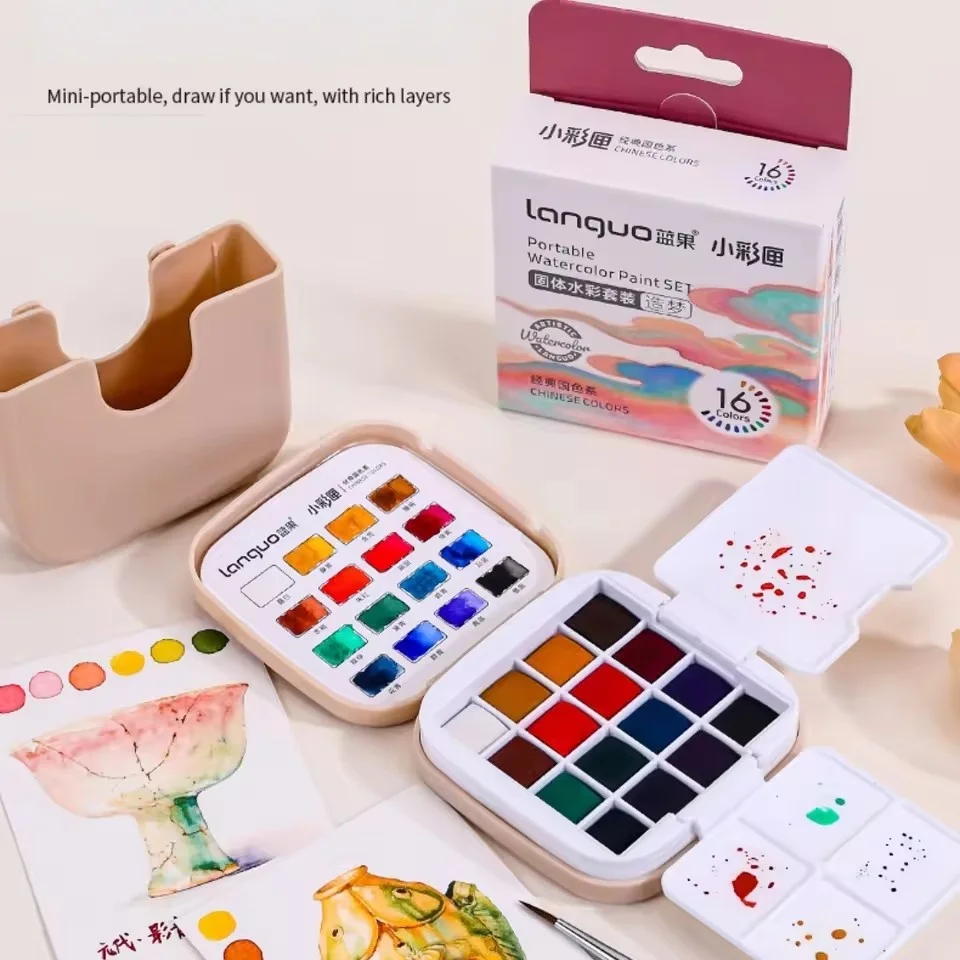 16 Colors Solid Watercolor Set Mini Portable Watercolor Paint Set With Brush & Palette Travel Sketching Painting Box Art Drawing