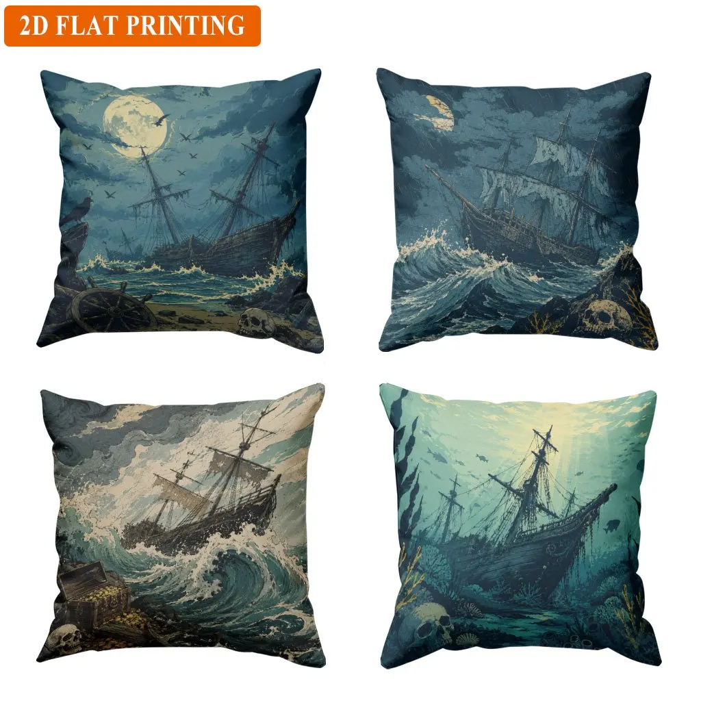 4pc Nautical Pirate Throw Pillow Covers Canvas Print Stormy Sea Ocean Life Cushion Decorative Pillowcase Set