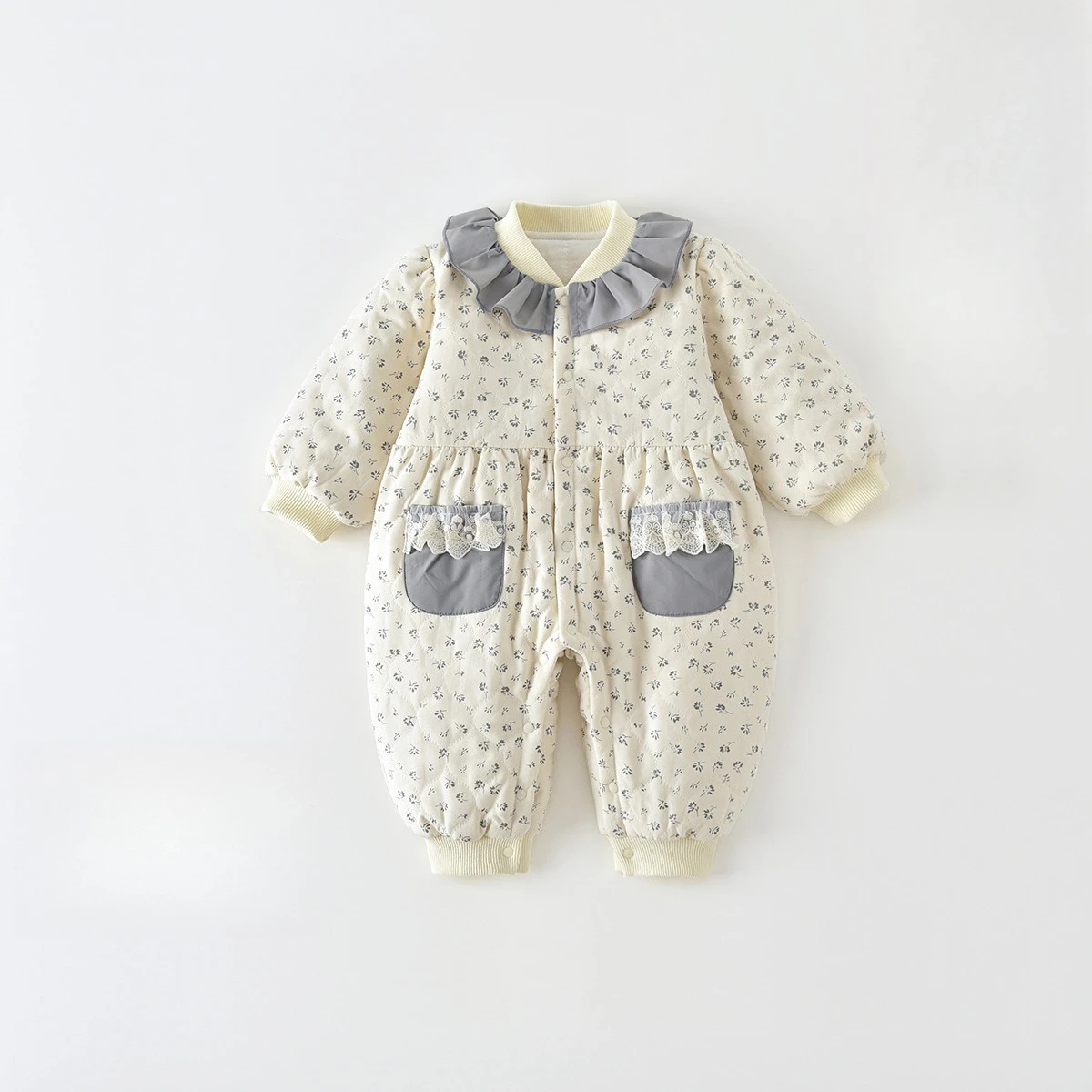 Autumn Winter Baby Outer Quilted Babysuit Girl Baby Warm Flower Print New Outer Rompers