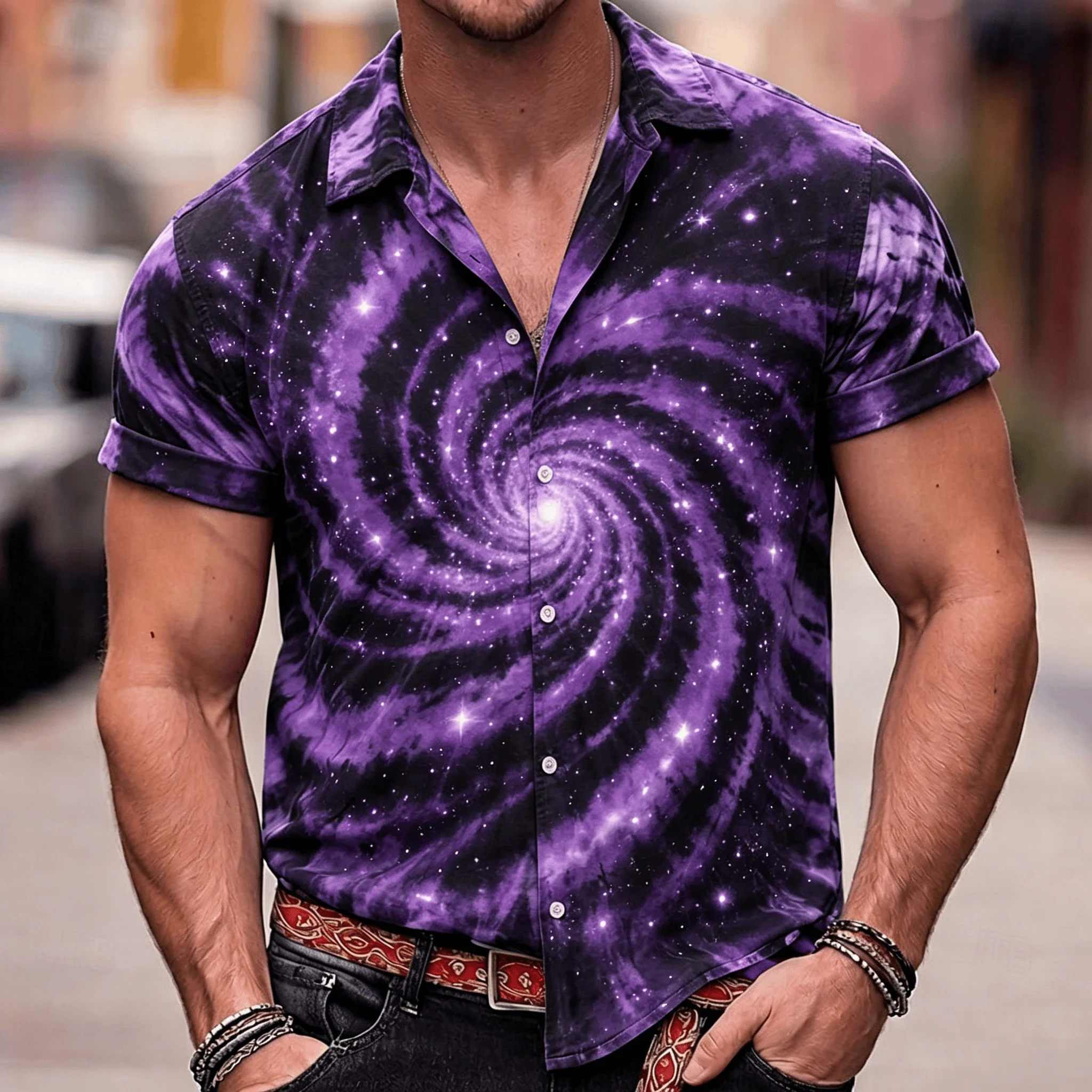 Men's Mint Green Tie Dye Spiral Print Short Sleeve Shirt, Retro Hippie Button Up Shirt for Spring & Summer