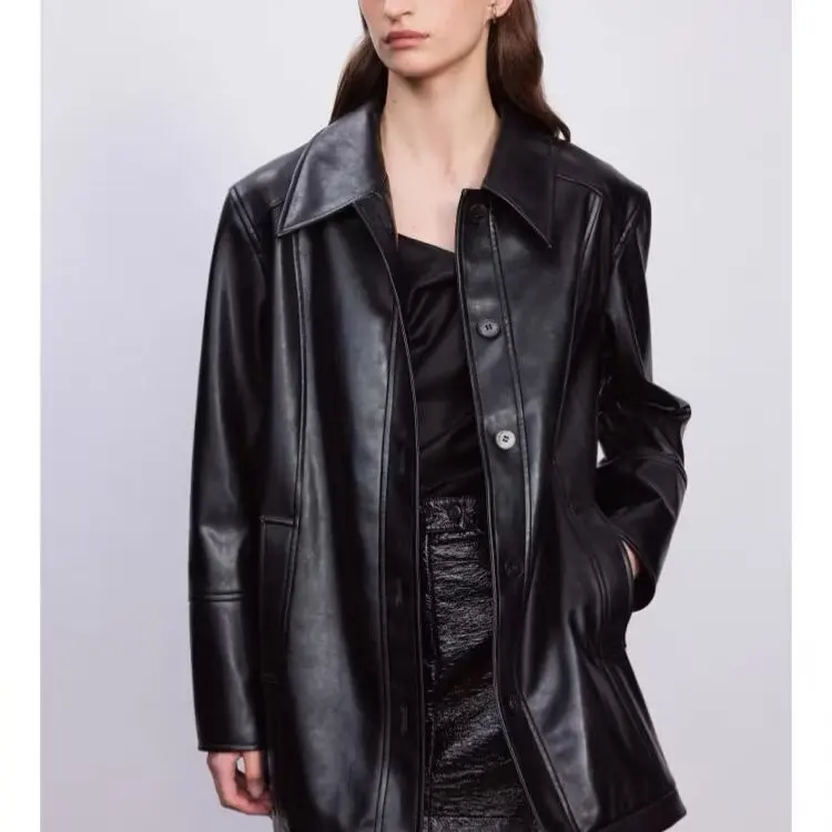 ZBZR Faionable Leather Jaet ort irt Collar Autumn Winter New Women's Ele Simple Sle Polyester Fiber Coat