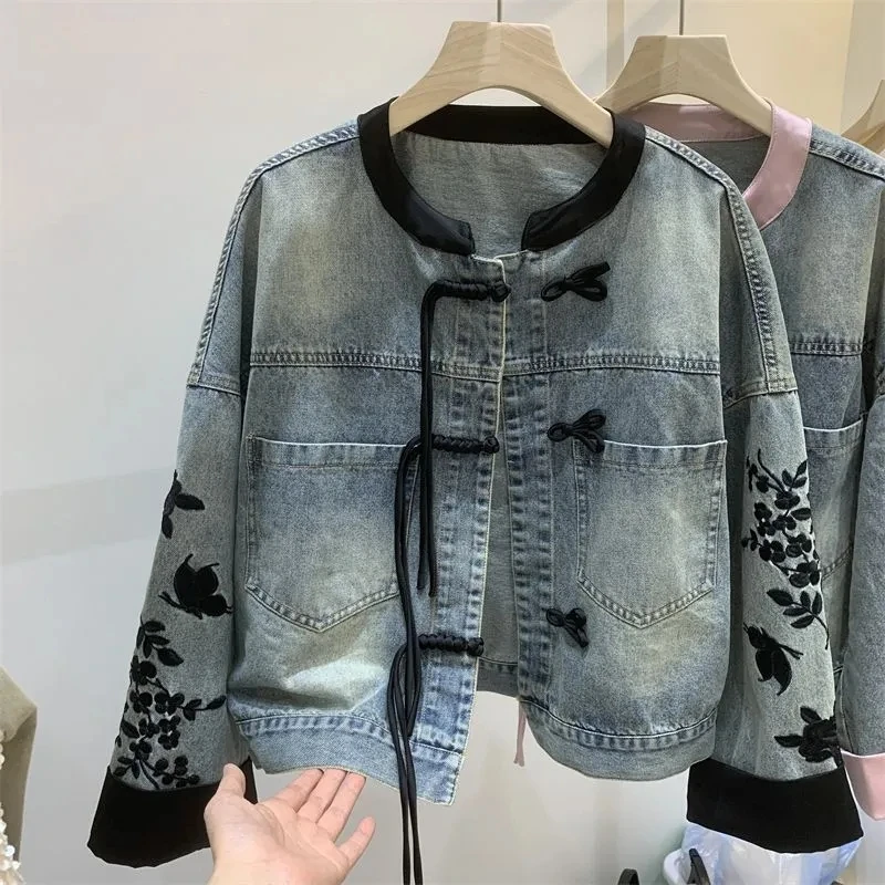 Short Buckle Denim Coat Women New Chinese Style stand collar Top 2024Spring  Bomber Outerwear Fashion Street Jeans Jacket female