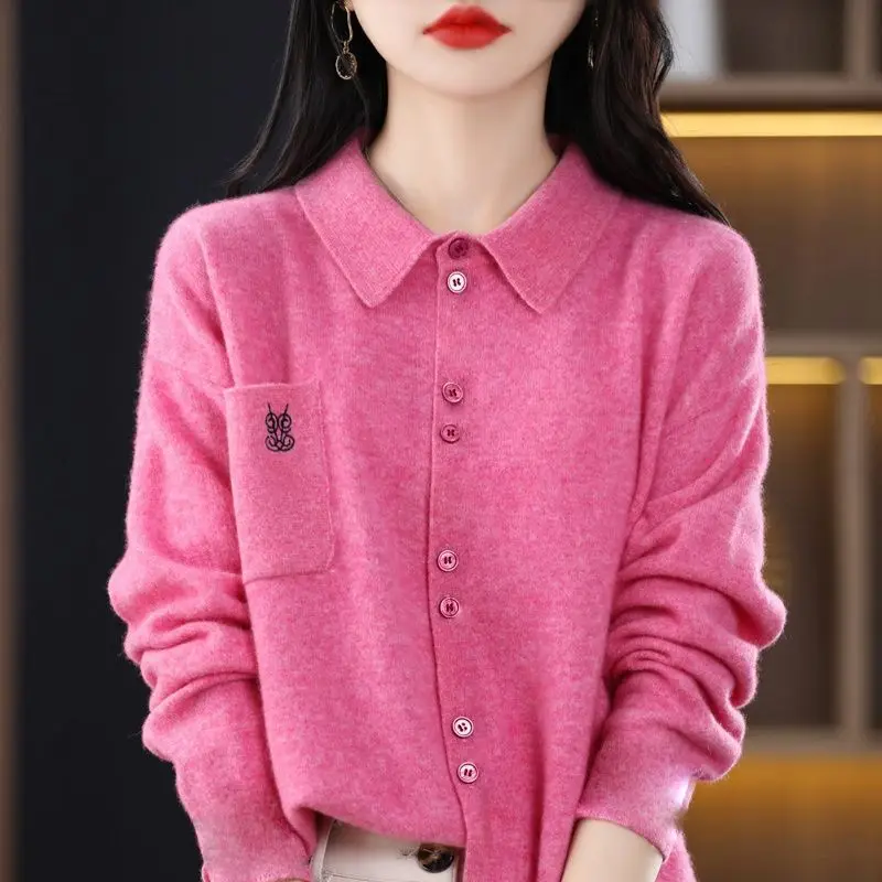 

High-end Women 100% Wool Shirts Long Sleeve Cardigan Embroidery Lapels Blouse Spring Autumn Tops Trend Office Lady Outerwear New