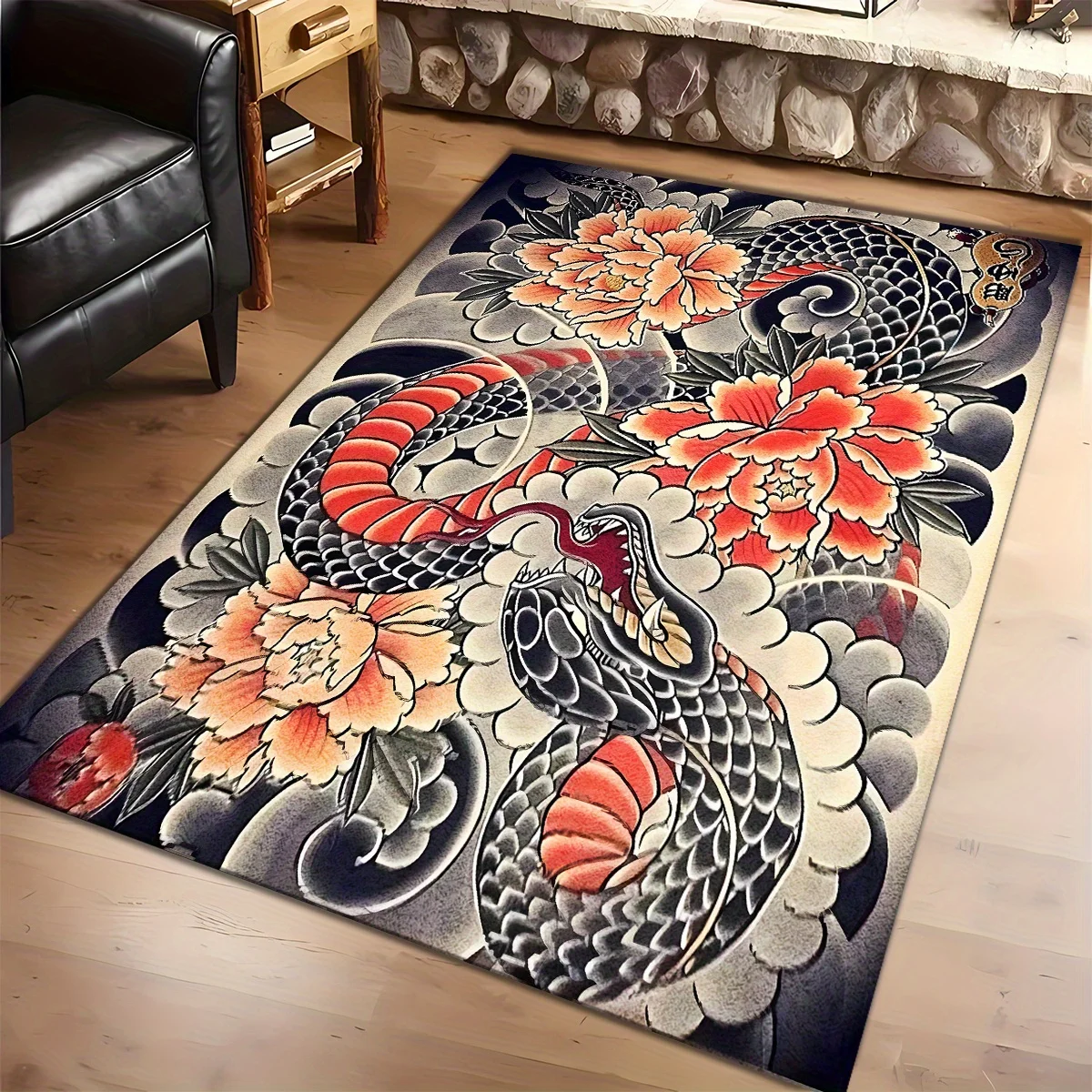 Japanese Snake Peony Rug Flannel Soft Kids Carpet Traditional Animal Flower Print Bedroom Kitchen Floor Mat Anti Slip