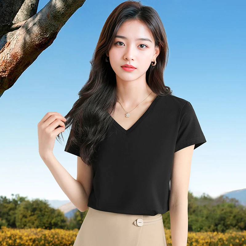 

New Lady Commuter Fashion Versatile V-Neck Modal Short Sleeved Loose Top Women'S Summer Casual Pure Color T-Shirt Female