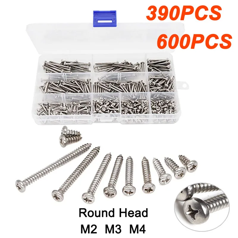 

390pcs 600pcs Self Tapping Screws Assortment Kit M2 M3 M4 Round Head Phillips Drive Screws Set 304 Stainless Steel Wood Screw
