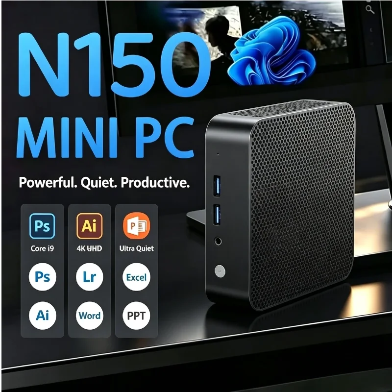 2026년형 인텔 N150 미니 데스크톱 컴퓨터, 윈도우 11, 16GB RAM, 1TB M.2 SSD, 60Hz, 4K HD, 휴대용 게이밍 PC