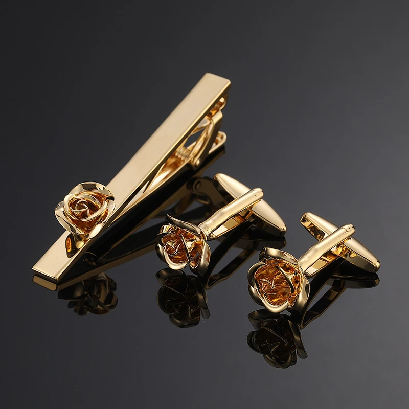 Copper brand material men's French shirt cufflinks tie clip set rose enamel crystal design business tie clip cuffs cufflinks