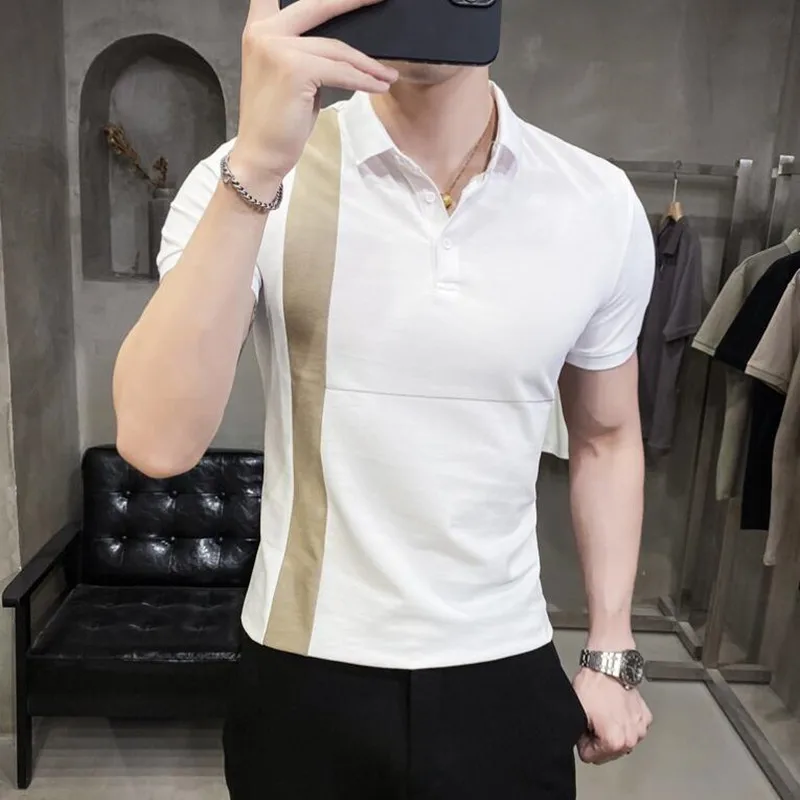 British Style Summer Men Polo Shirts Short Sleeve Solid Front Pocket Decor Korean Slim Fit Casual Polo Homme Streetwear 4XL