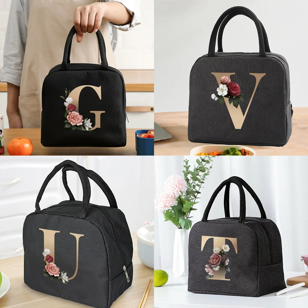 Lunch Bag Cooler Tote Portable Insulated Thermal Canvas Bag Food Picnic Unisex Travel  Lunchbox Organizer Bags Gold Letter Print