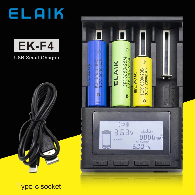 Batteria 3.7V 2000mah 18650 ELAIK 20M ICR18650 10A batteria agli ioni di litio sostituzione batteria esterna + caricabatterie