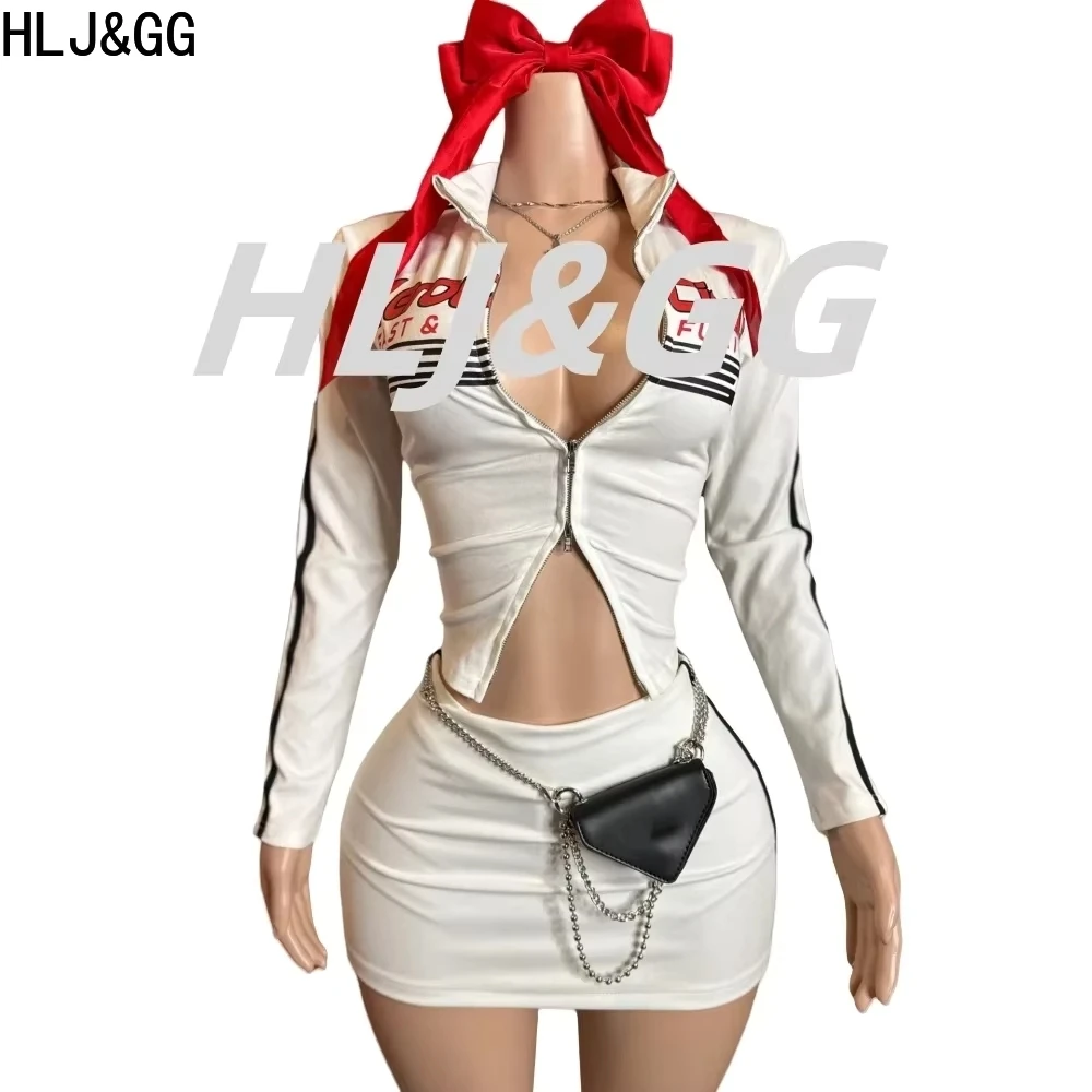 HLJ&GG American Vintage Letter Print Streetwear Women Y2K Zip Long Sleeve Slim Top And Mini Skirts Outfits Fashion 2pcs Clothing