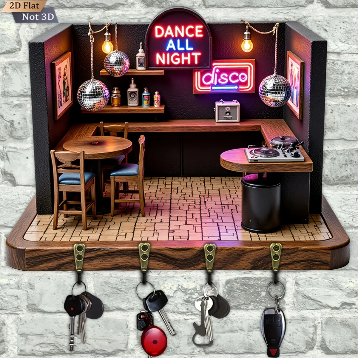 2D flach, 1 Stück, Retro-Disco-Stil-Schlüsselhaken aus Holz, multifunktionaler Heim-Schlüsselhalter mit vier Metallhaken, Wanddekoration, Veranda
