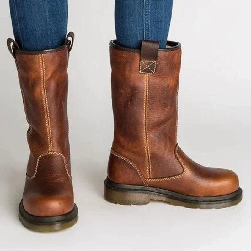 Botas de mujer de piel sintética marrón hasta la pantorrilla, estilo biker, con forro polar, punta redonda, suela con tacos, para invierno, trabajo al aire libre, uso casual.