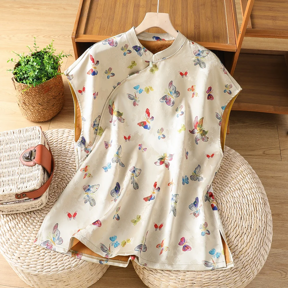 Camisa de Manga Corta con Estampado Bordado de Doble Cara, Estilo Chino, Cuello Alto, Tendencia Étnica, Top de Verano para Mujer, Fibra de Poliéster