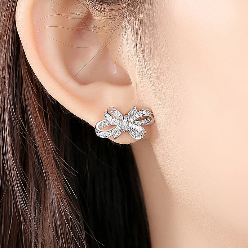LUOTEEMI Romantic Bow-knot AAA Clear Cubic Zircon Stud Earrings for Women Bridals Wedding Cute Jewelry Fashion Christmas Gift