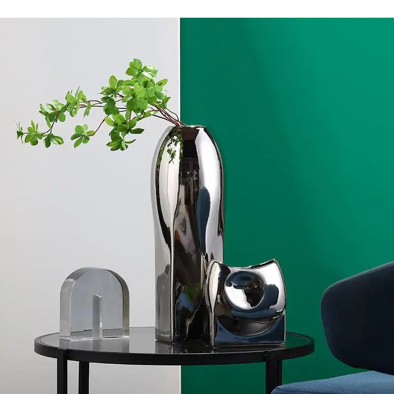 Silver-plated Ceramic Vase Desk Decoration Abstract Geometric Vases Irregular Shape Flower Pots Decorative Arrangement
