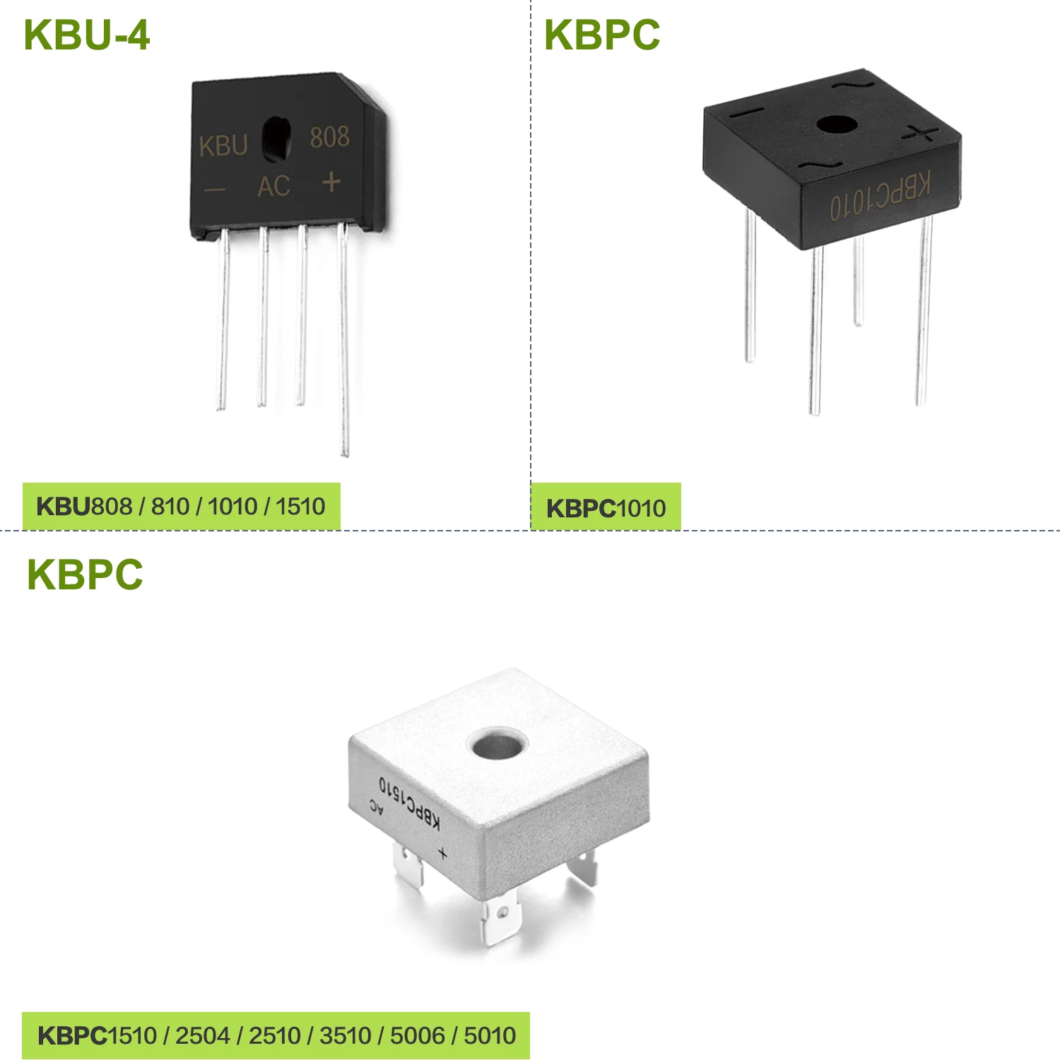 KBU808 KBU810 KBU1010 KBU1510 KBPC1010 KBPC1510 KBPC2504 KBPC2510 KBPC3510 KBPC5006 KBPC5010 Diode Bridge Rectifier High Power