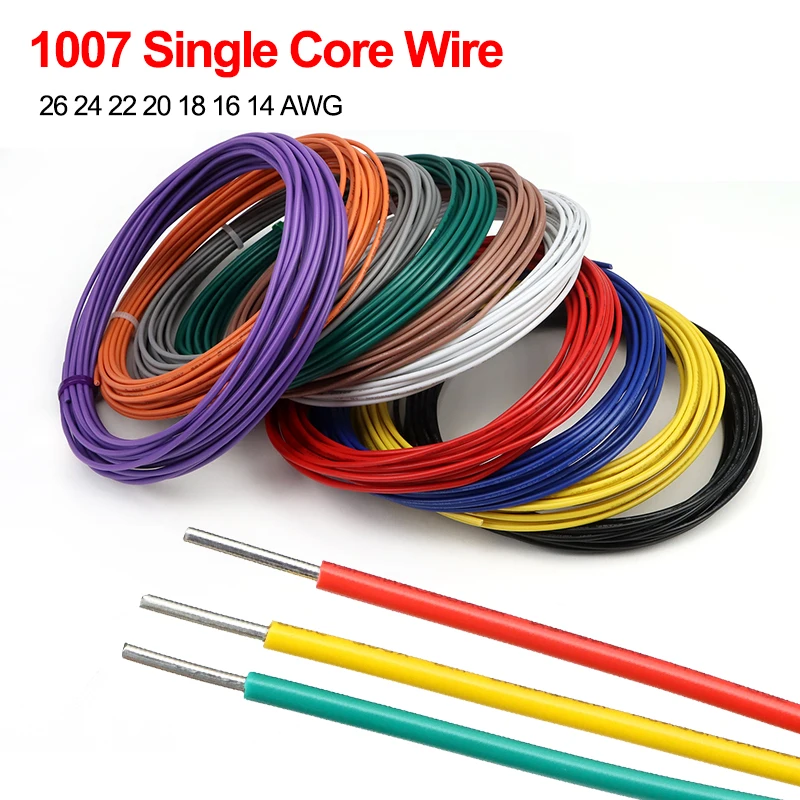 Single Core Tinned Copper 1007 Electric Wire 26 24 22 20 18 16 14AWG PVC Insulation Solid Line Tinned Plating Electronic Cables
