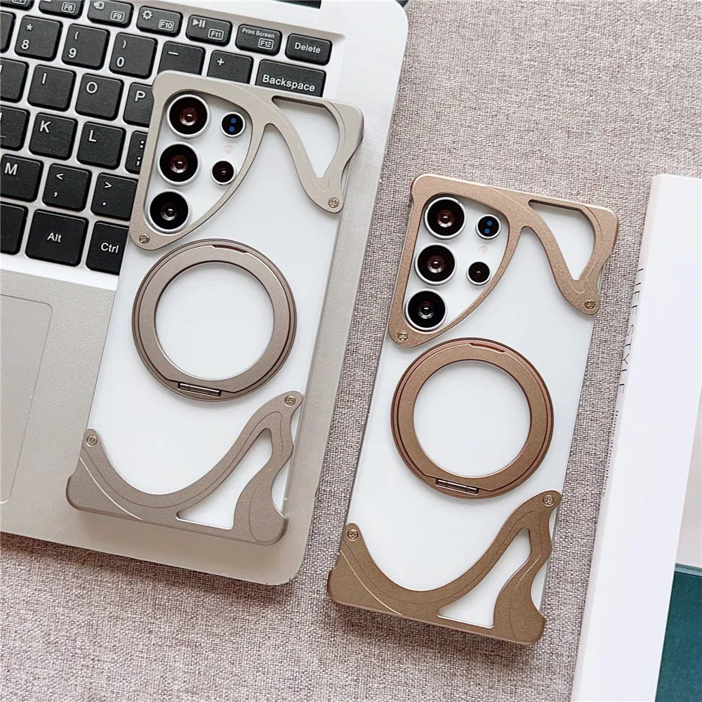 Aluminum Metal Frameless Shockproof Magnetic Phone Case For Samsung Galaxy S25 S24 S23 Ultra 360 Bracket Transparent PC Case
