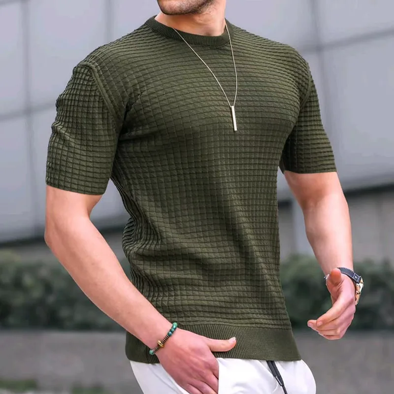 2024 New Independent Station Spring/Summer Amazon Men's Small Checkered T-shirt Round Neck Casual Trendy Top