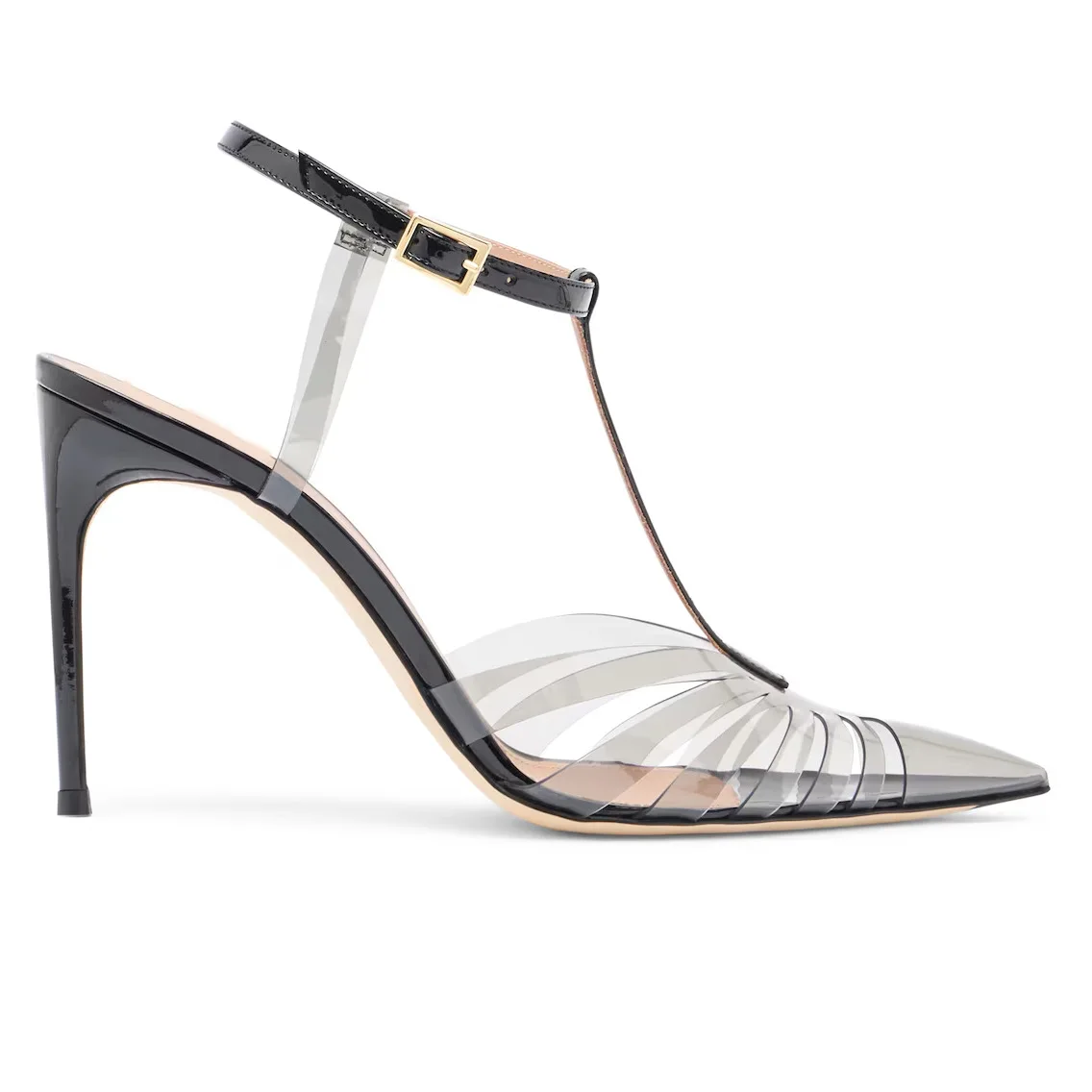 2026 Women's T-Straps PVC Hollow Cuts Sandals Pointy Toe Buckles Stiletto Heels Solid Designer Ladies Sandals Summer Shoes New