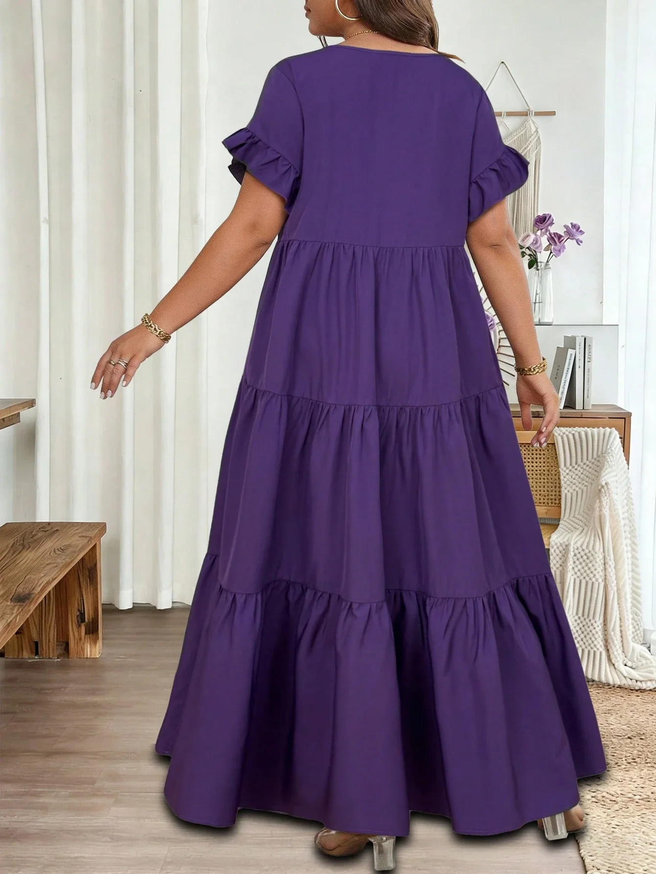 

Элегантное повседневное макси-платье для женщин больших размеров, свободного кроя, с круглым вырезом, короткими рукавами и многоярусными оборками, фиолетовое