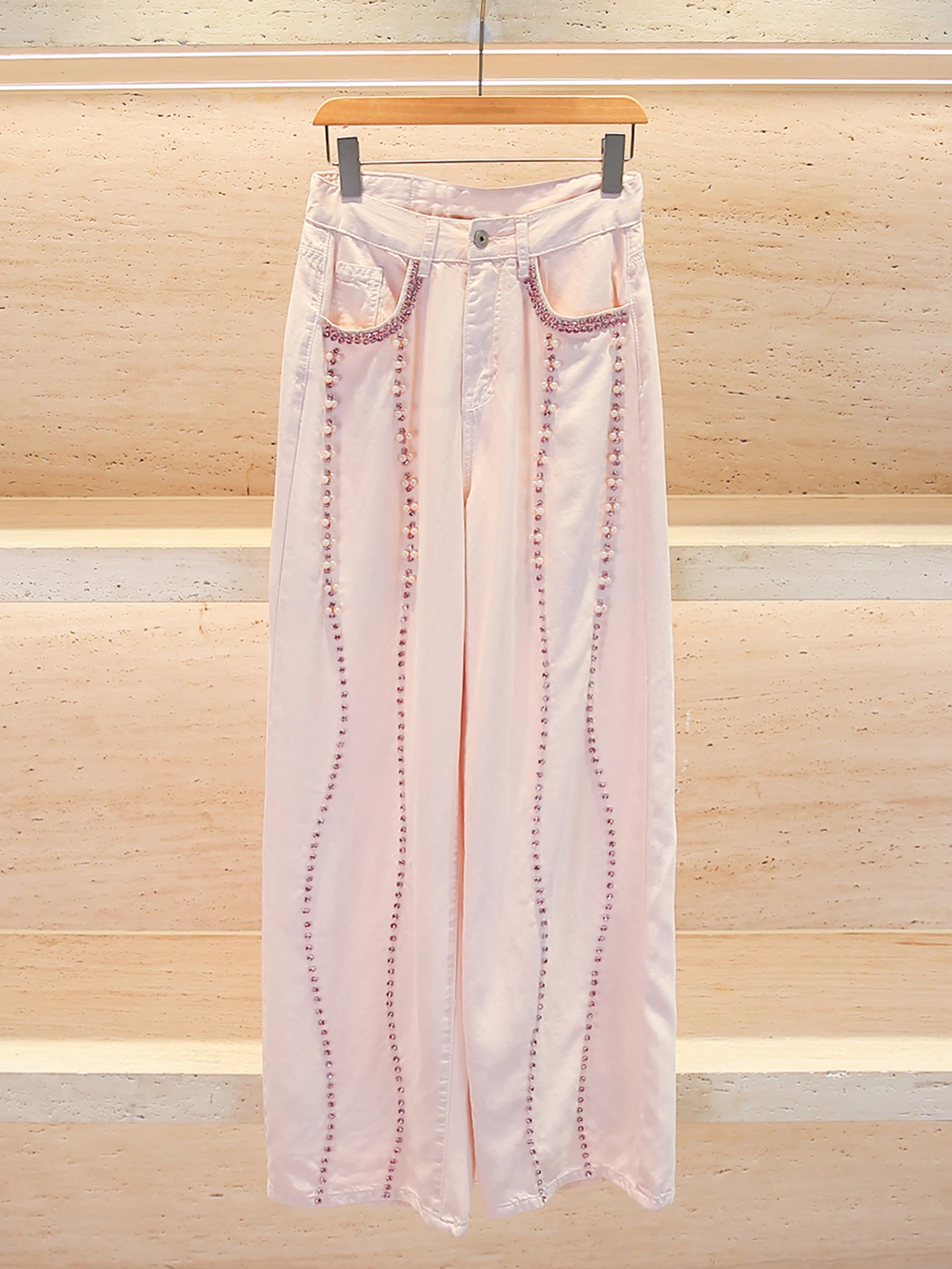 High-End Women's Denim Wide Leg Pants Spring Summer 2026 Sequin Embellished Casual High Waist Straight Leg Zipper Closure