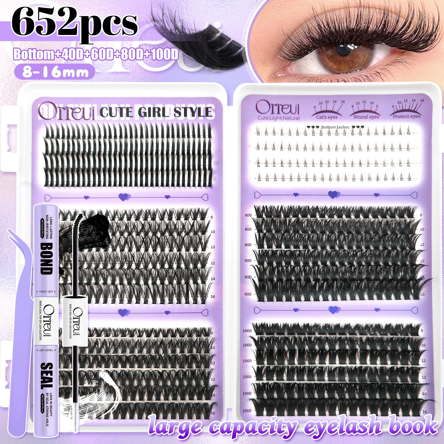 **652PCS DIY Lash Cluster Kit D Curl 8-16mm Mixed Length 40D 60D 80D 100D Bottom Lashes Bond Seal Tweezers Fluffy Eyelash Extens