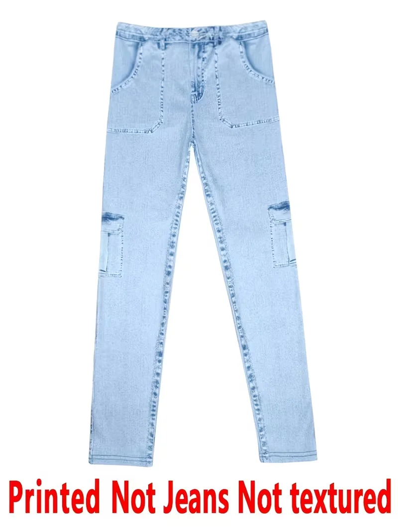 Bedruckte Damenleggings, kein Denim-Stoff, Design mit Scheintaschen und Knöpfen, hochelastische, modische, schmal geschnittene, lässige Skinny-Hose – Detail 4
