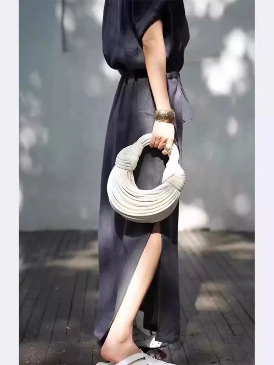 فستان كتان ريترو مع رباط خصر مرن ومزاج تنحيف مقاس كبير قميص نسائي فضفاض بأكمام قصيرة فستان طويل