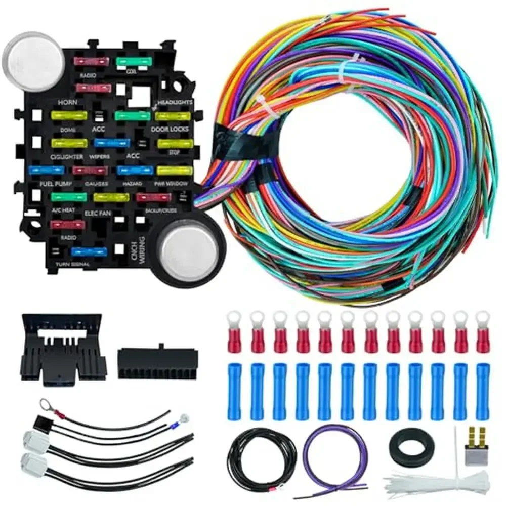 

Universal 21 Circuit Wiring Harness Kit Chevy Mopar Hotrods Ratrods Ford Chrysler Copper Core Conductivity 17 Fuses Easy Install