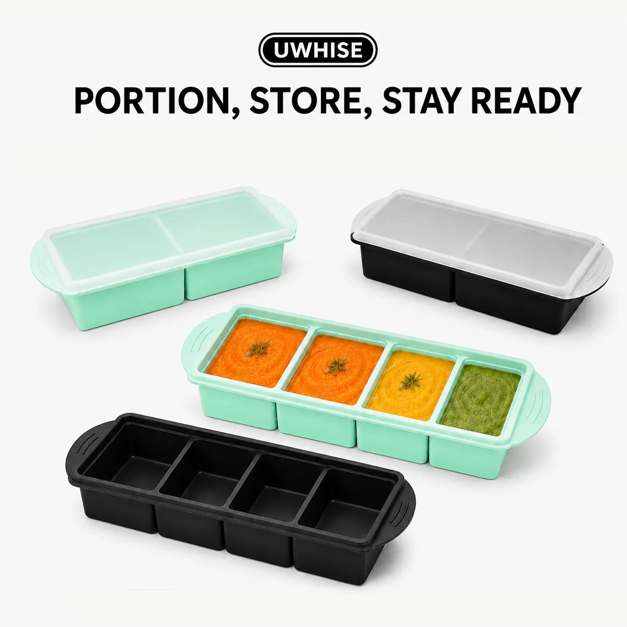 Uwhise Silicone Soup Freezer Tray Baby Food Storage Container With Lid 2/4 Compartment Large Ice Cube Mold Kitchen Meal Prep