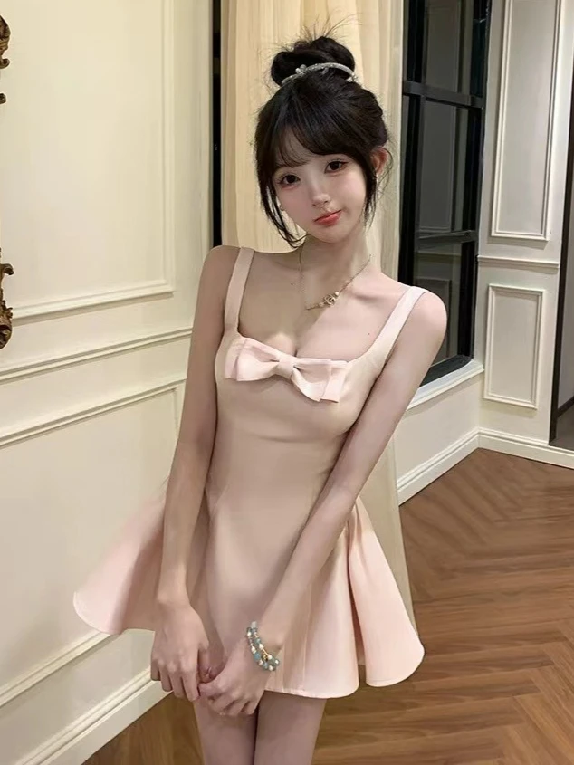 여름 프랑스 우아한 미니 드레스 여성 스위트 보우 새틴 스트랩리스 A라인 드레스 섹시 백리스 이브닝 파티 원피스 드레스 신상