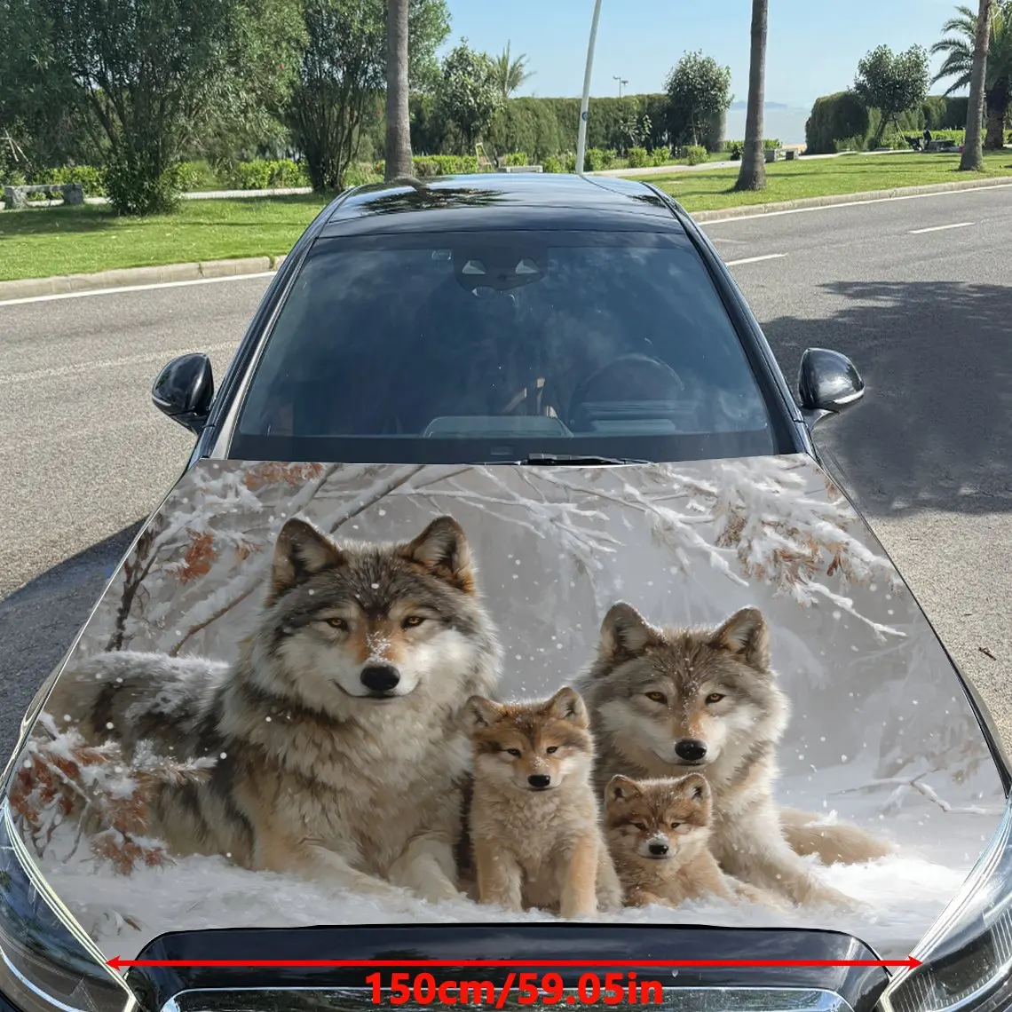 Warm Wolf Family in Snow Pattern car hood stickers, waterproof self-adhesive, scratch resistant, easy to stick, durable car PVC