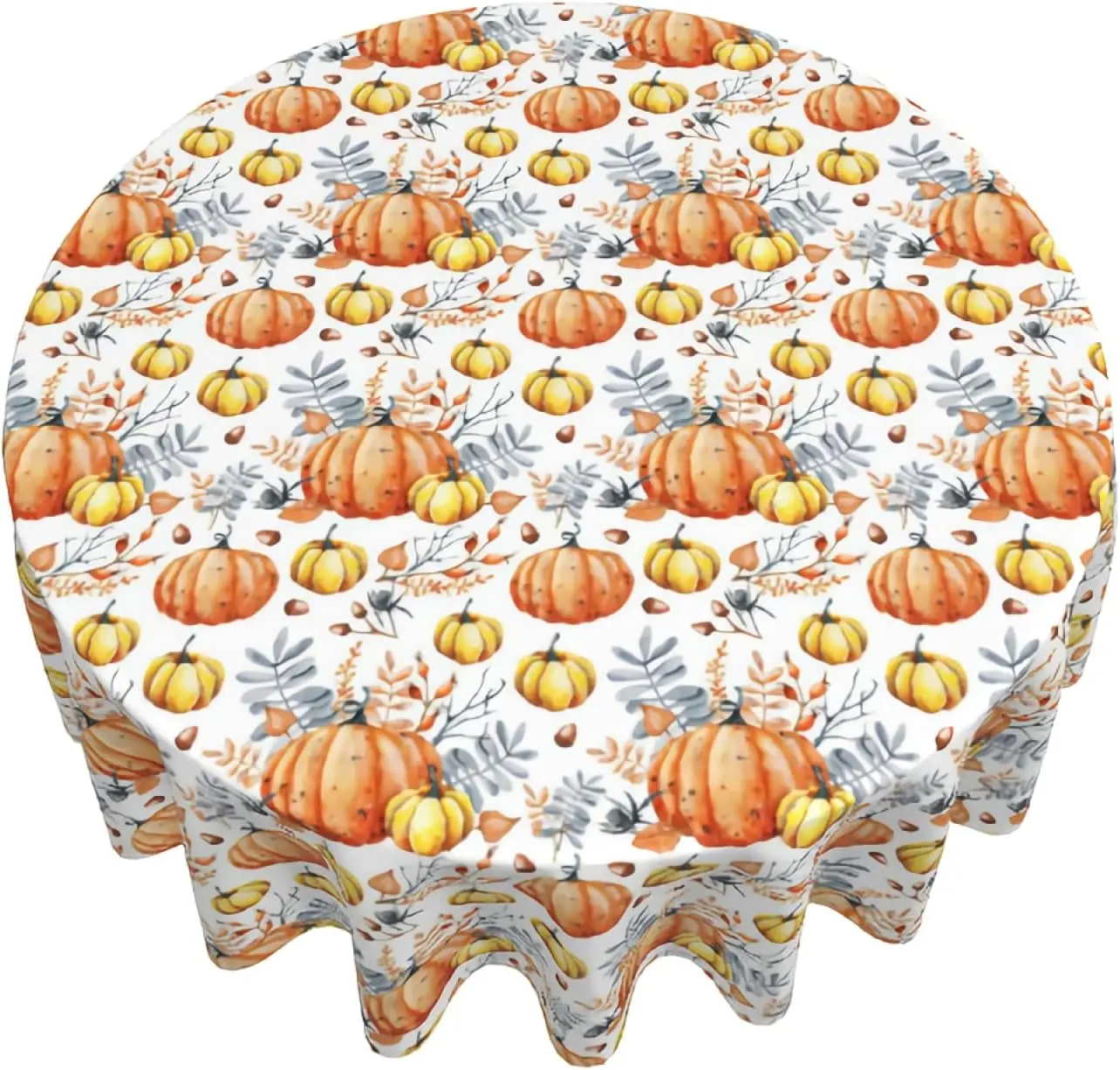 Fall Pumpkin Harvest Tablecloth, Round Thankgiving, Autumn Leaf, Washable, Wrinkle-Resistant Table Cloth, Polyester Country