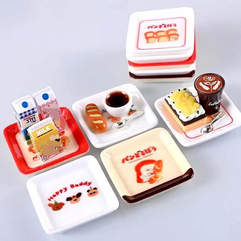 10 ชิ้น 1/12 ตุ๊กตาการ์ตูนมินิถาดจานชุดตุ๊กตาจําลองตกแต่งห้องครัวของเล่นเด็กแกล้งทําเป็นเล่นของเล่น