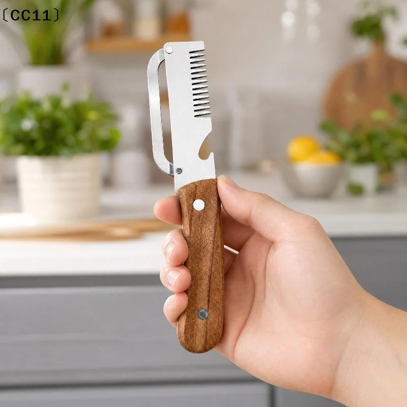 3-in-1 Stainless Steel Serrated Vegetable Peeler With Wooden Handle Slicer Bottle Opener Kitchen Tool〔CC11〕