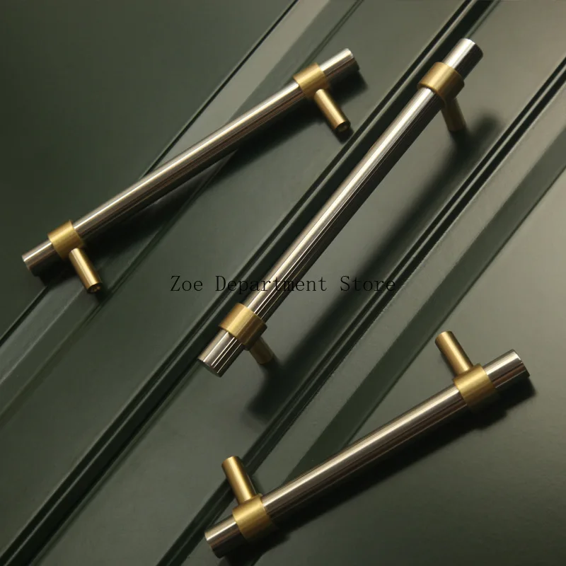 T bar 304 Stainless Steel+Brass Knob and Handle Nordic Style Cabinet/ Wardrobe Handle Drawer Pulls Longer Furniture Handle