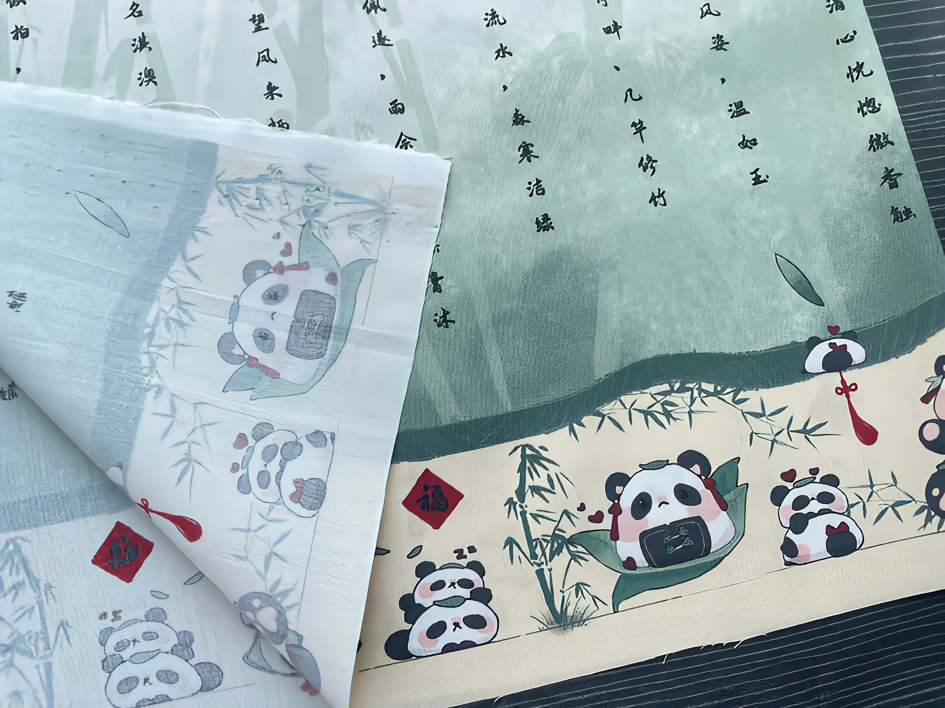 Green Bamboo & Panda All-Over Print Lolita Fabric for OB11 & BJD Doll Clothing - Kawaii Positional Pattern Textile